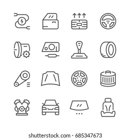 Set of car related line icons isolated on white. Contains such icons as transmission, wheel, tire, door, gear stick, filter, engine, windshield, steering wheel, seat and more. Vector illustration