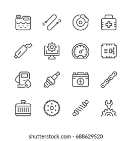 Set of car related line icons isolated on white. Contains such icons as shock absorber, gas station, spark plug, battery, brake, canister, first aid kit, radiator and more. Vector illustration