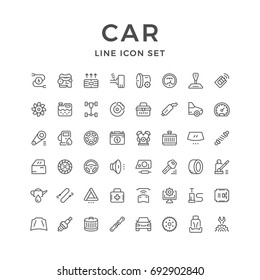 Set of car related line icons isolated on white. Contains such icons as spare parts, engine, auto service, brake, spark plug, shock absorber, clutch, speedometer, wheel and more. Vector illustration