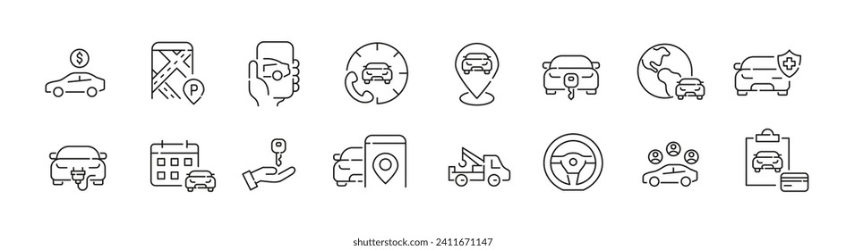 Juego de iconos de alquiler de coches. Asistencia al centro de llamadas, ubicaciones de coches, pago de calendario y tarjeta. Icono perfecto de píxeles