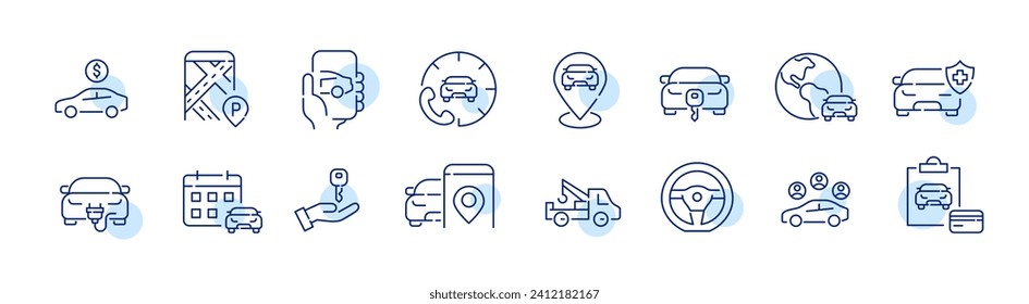 Set of car rent icons. Call centre support, car locations, calendar and card payment. Pixel perfect, editable stroke