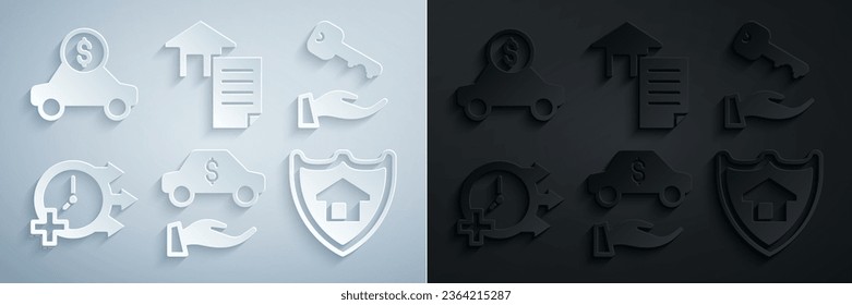 Set Car rental, House key, Clock, with shield, contract and  icon. Vector
