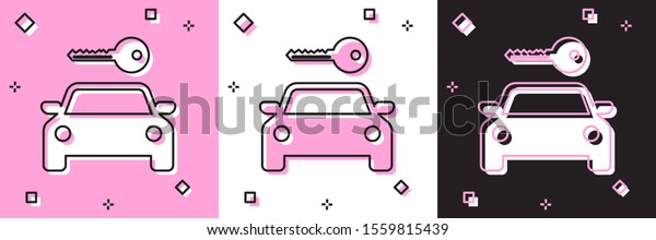 Set Car rental
icon isolated on pink and white, black background. Rent a car sign.
Key with car. Concept for automobile repair service, spare parts
store.  Vector
Illustration
