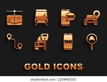 Set Car rental, Map pointer with taxi, Magnifying glass and car, Taxi call telephone service, Route location, Cable and Tram railway icon. Vector