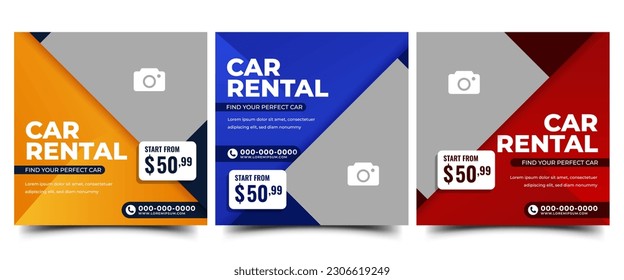 Set of Car rental social media post template design with blue, red, and yellow color background