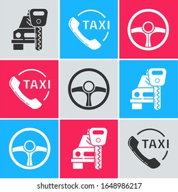 Set Car rental, Taxi call telephone service and Steering wheel icon. Vector