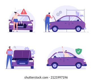 Set of car repair, auto inspection, car service, road accident. Auto mechanic repairing and checking broken car in service. Sad woman with breaking automobile. Happy driver with new car. Vector