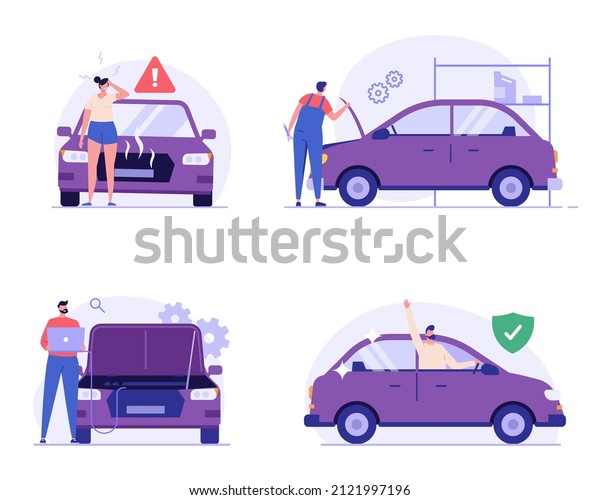 Set of car repair, auto inspection, car service,\
road accident. Auto mechanic repairing and checking broken car in\
service. Sad woman with breaking automobile. Happy driver with new\
car. Vector