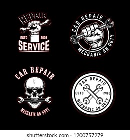 Set of car repair emblems. Design element for logo, label,  sign, badge. Vector illustration