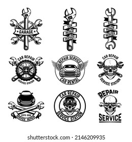 Set of car repair emblems. Design element for logo, label,  sign, badge. Vector illustration