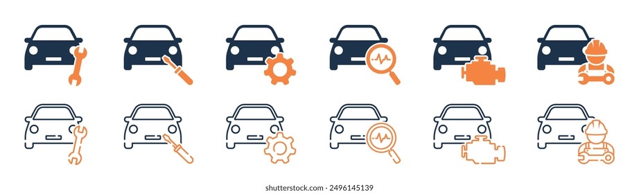 Conjunto de iconos de reparación de automóviles. Símbolos de servicio automático, garaje, reparación de automóviles, llave, destornillador, engranaje, mecánico, motor de verificación, diagnóstico. Vector. EPS10.