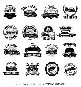 Set of Car repair service labels. Retro vector design graphic element, emblem, logo, insignia, sign, identity, logotype, poster. Vector design elements.