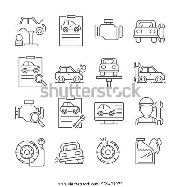 Set of car repair and car service station\
Related Vector Line Icons. Includes such Icons as auto repair, tyre\
replacement,  mechanic,  engine, tire repair, oil change, \
technical inspection