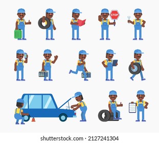 Set of car repairman characters in various situations. Auto mechanic repairing car, changing tires, talking on phone and other actions. Modern vector illustration