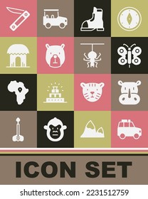 Set Car, Rhinoceros, Butterfly, Hunter boots, Bear head, African hut, Swiss army knife and Spider icon. Vector