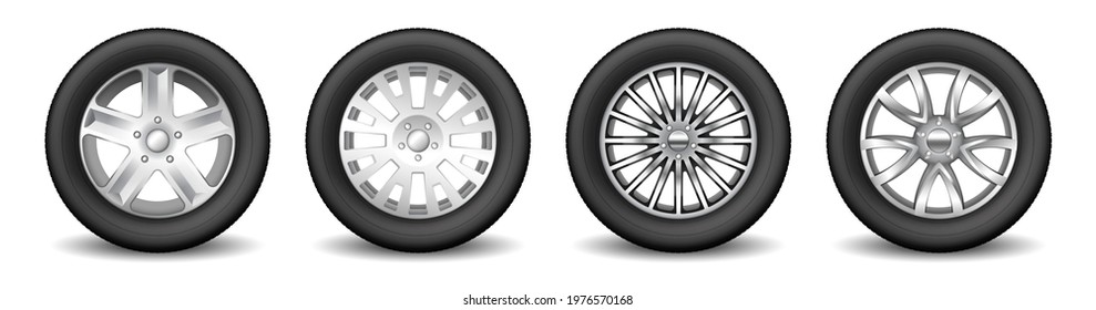 Set of car rim spare wheels with alloy shining disks and protective rubber tires. Transport wheel and tuning concept. Realistic 3d vector illustration