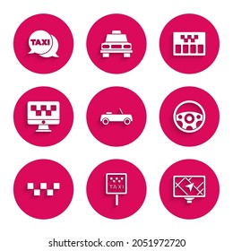 Set Car, Road sign for taxi stand, Gps device with map, Steering wheel, Taxi car roof, Computer call service, Taximeter and telephone icon. Vector
