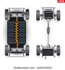 Set of Car rolling Chassis. Unibody and Electric types. Vehicle chassis with engine and battery. Front wheel drive under body car. Vector Illustration isolated on white background.