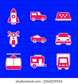 Set Car, Rv Camping trailer, Delivery cargo truck, Cable, Scooter, Taxi roof and Rocket ship icon. Vector