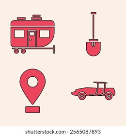 Set Car, Rv Camping trailer, Shovel and Location icon. Vector