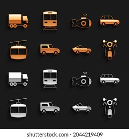 Set Car, Scooter, Cable car, Submarine, Delivery cargo truck and Train and railway icon. Vector