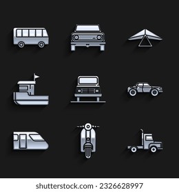 Set Car, Scooter, Delivery cargo truck vehicle, Sedan, Train, Fishing boat, Hang glider and Bus icon. Vector