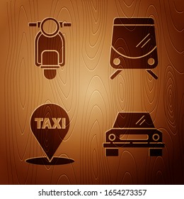 Set Car, Scooter, Map pointer with taxi and Tram and railway on wooden background. Vector