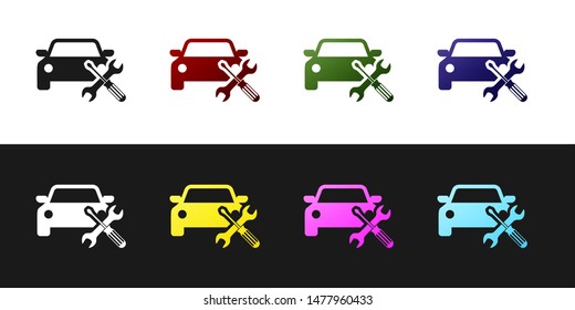 Set Car with screwdriver and wrench icon isolated on black and white background. Adjusting, service, setting, maintenance, repair, fixing.  Vector Illustration