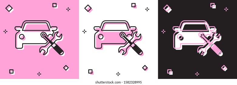 Set Car with screwdriver and wrench icon isolated on pink and white, black background. Adjusting, service, setting, maintenance, repair, fixing.  Vector Illustration