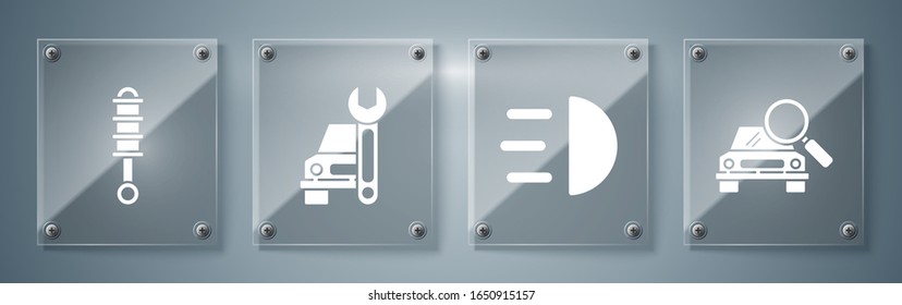 Set Car search, High beam, Car service and Shock absorber. Square glass panels. Vector