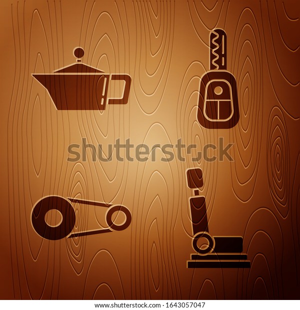 Set Car
seat, Canister for motor machine oil, Timing belt kit and Car key
with remote on wooden background.
Vector