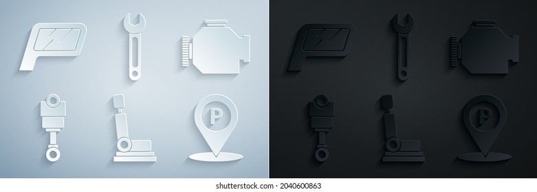 Ajuste el asiento del coche, Compruebe el motor, el pistón del motor, la posición con estacionamiento, la llave inglesa y el icono del espejo retrovisor. Vector