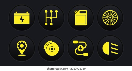 Set Car service, Alloy wheel, brake disk with caliper, battery jumper power cable, Canister for gasoline, Gear shifter, High beam and  icon. Vector
