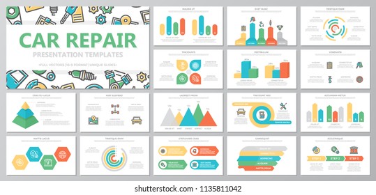 Set of car service and auto repair elements for multipurpose presentation template slides with graphs and charts. Leaflet, corporate report, marketing, advertising, book cover design.