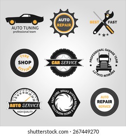 Set of car service, auto repair isolated logo with tire, wheel, car, tool elements. 