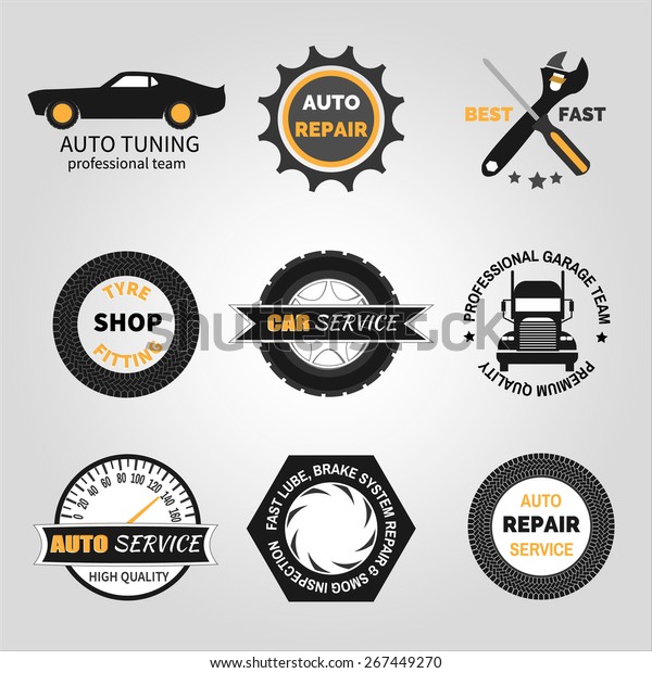Set of car service, auto repair isolated\
logo with tire, wheel, car, tool elements.\
