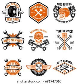 Set of car service, auto service, tire change badges isolated on white background. Design elements for logo, label, emblem, sign. Vector illustration