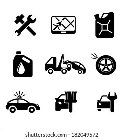 Set of car service and automobile icons including tools, road sign, oil and petrol containers, tow truck, wheel, tyre, jerry can, police, car wash and garage