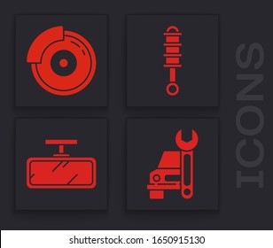 Set Car service, Car brake disk with caliper, Shock absorber and Car mirror icon. Vector