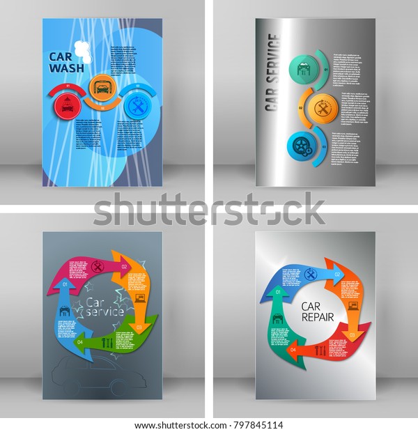 Set Car service business presentation template on\
steel background. Vector illustration EPS 10 for info-graphics,\
number options, web site, page layout firm automobile repair,\
brochure, web banner