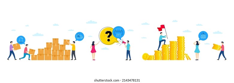 Juego de iconos de servicio de coches, campana de reloj e impresora. Personajes de la gente con paquete de entrega, monedas de dinero. Incluir iconos de reunión. Para web, aplicación. Servicio de reparación, alarma, dispositivo de impresión. Vector