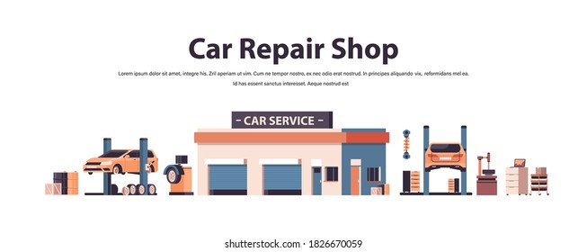 set car service elements collection automobile check up maintenance station repair shop concept isolated horizontal copy space vector illustration