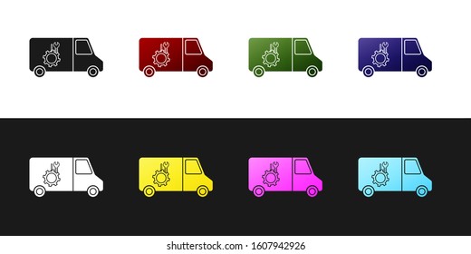 Set Car service icon isolated on black and white background. Repair service auto mechanic. Maintenance sign.  Vector Illustration