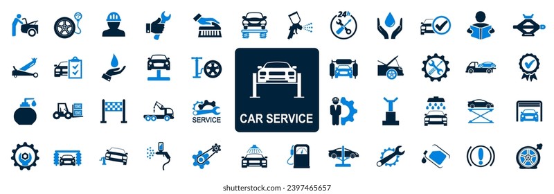 Set car service icons, another technical inspection, repair of breakdowns, auto washing and painting, towing, cleaning, jack – stock vector