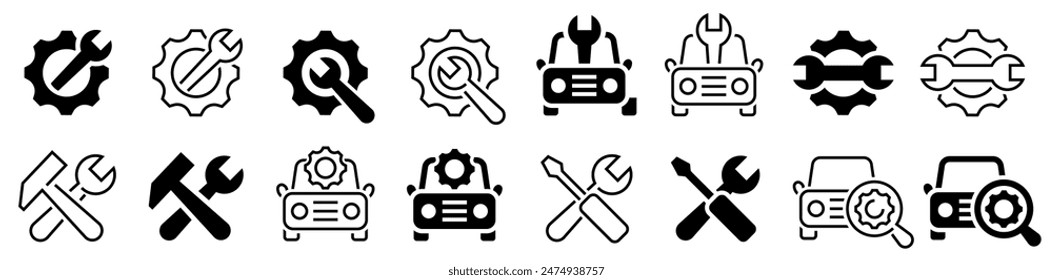 Conjunto de iconos de servicio de coche. Servicio y reparación de coches de Anuncio. Herramientas, destornillador, llave, martillo, engranaje, coche, servicio, diagnóstico y más. Ilustración vectorial