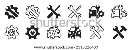 Set of car service icons. Tools, screwdriver, wrench, hammer, gear, car, repair. Auto service signs. Diagnostic, garage, engine. Vector.