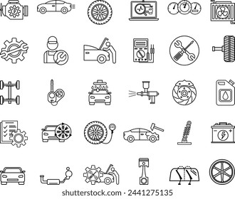 Set of Car Service Icons. Vector Icons of Car, Engine, Wheel, Car Wash, Electrical Maintenance, Body Repair, Service, Windshield Wiper, Machine Oil and Other