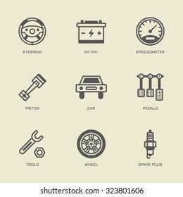 Set of car service isolated vector outline icons, automobile repair nine icons collection