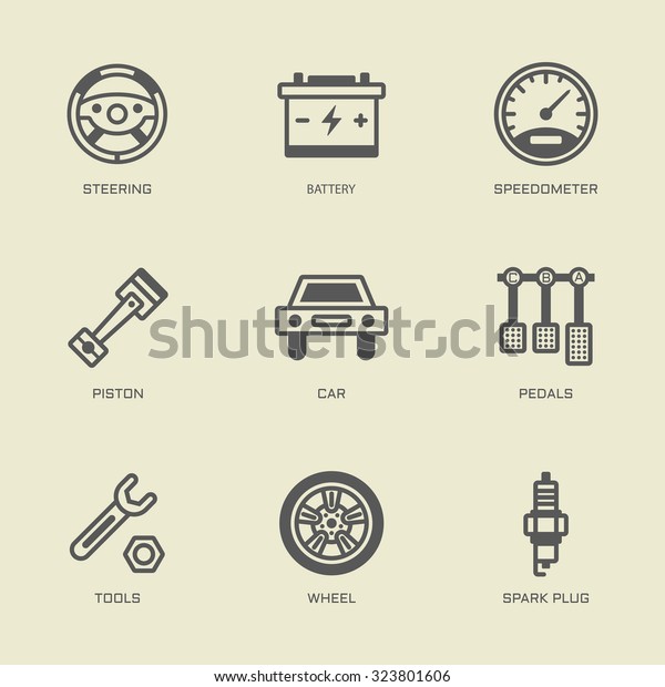 Set of car service isolated vector\
outline icons, automobile repair nine icons\
collection