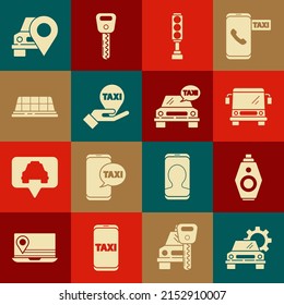 Set Car service, key with remote, Bus, Traffic light, Hand on map pointer taxi, Taxi car roof, Map and  icon. Vector